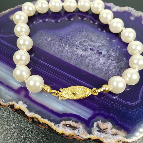 Vintage Knotted Faux Pearl Gold Tone Fish Hook Clasp 7" Bracelet - Picture 6 of 10